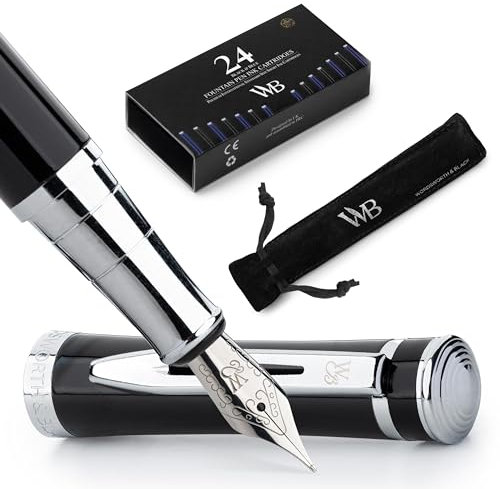 Wordsworth & Black Füllfederhalter-set, Mittlere Feder, Inklusive 24 Tintenpatronen, Tintennachfüllkonverter Und Geschenkbeutel, Chrom-finish, Kalligraphie, [Schwarzes Chrom] Perfekt Für Männer Frauen