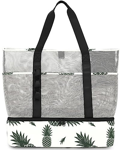 UYLIA 8 Taschen Tote Mesh Strandtasche Damen Groß Faltbare mit Wasserdichter Kühltasche für Spielzeugaufbewahrung Strand Reise Picknick, Shopper Handtasche Badetasche Umhängetasche Ananas
