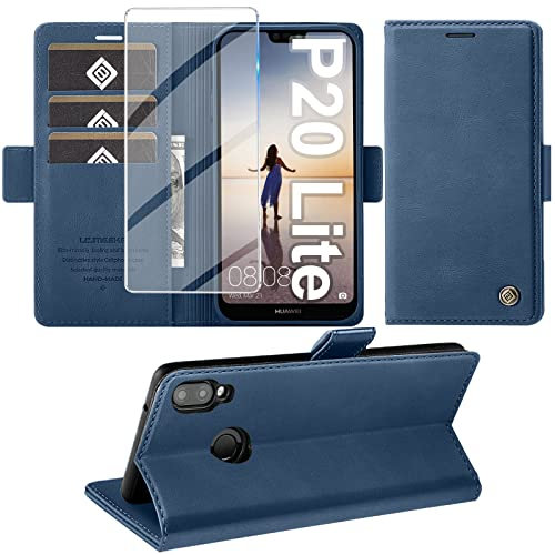 Giyer Handyhülle für Huawe P20 Lite Hülle mit Displayschutzfolie, Schutzhülle P20 Lite PU Leder Wallet Flip Case Cover Standfunktion Kartenfach Klapphülle für Huawe P20 Lite Lederhüllen (Blau)