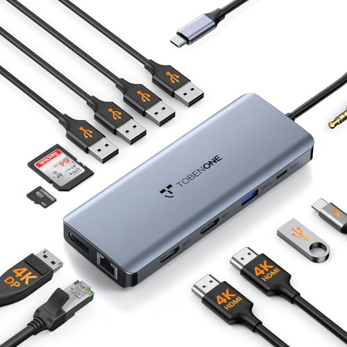 TobenONE Triplo Monitor Docking Station, Docking Station USB C con 2 4K@60Hz HDMI, 4K DP, 5 USB 3.0/2.0, PD 100W, Ethernet, SD/Micro SD, Audio, Hub USB C per Dell/HP/Lenovo/Surface/Mac/ASUS/Acer