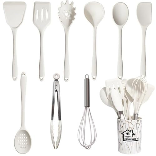 UXIYI Juego de utensilios de cocina de silicona, conjunto de utensilios de cocina 10pcs, incluida la espátula Turner Cooking Tong Spoon antiadherente resistente al calor,Blanco