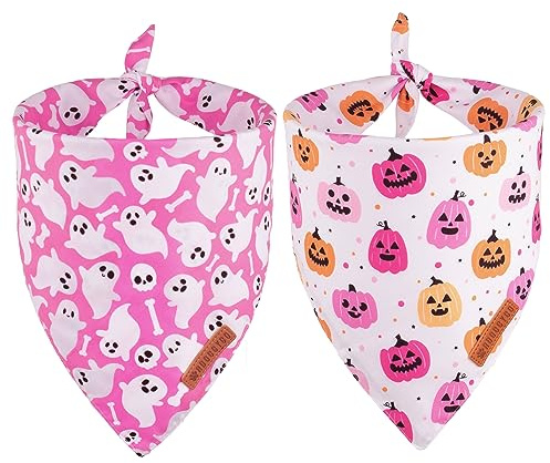 ADOGGYGO Halloween Hundehalstuch, Halloween Kürbis Geist Hund Schal, Premium Durable Fabric Adjustable Fit Female Dog Halloween Bandanas for Medium Large Dogs Pets (Large, Pink)