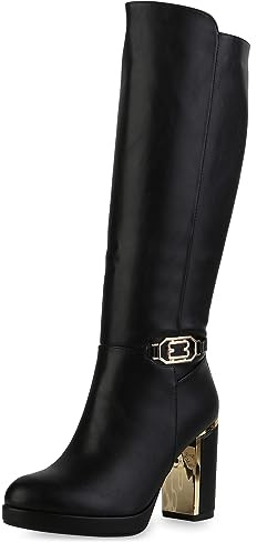 VAN HILL Damen Klassische Stiefel Leicht Gefüttert mit Blockabsatz Plateau Vorne
