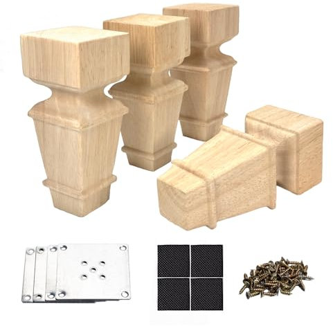 15cm Wooden Furniture Legs with Mounting Plates Screws Set of 4 Solid Wood Unfinished European Style Replacement Furniture Feet for Couch Cabinet Sofa Ottoman TV Stand Home DIY Projects