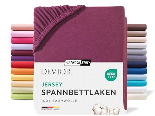 Devior Jersey Spannbettlaken 140x200cm - 160x200cm, 100% Baumwolle, Matratzenhöhe bis 22cm, Bordeaux – 135 g/m² Anti-Statisches, atmungsaktives Bettlaken mit Einlaufschutz, Matratzenbezug Rot