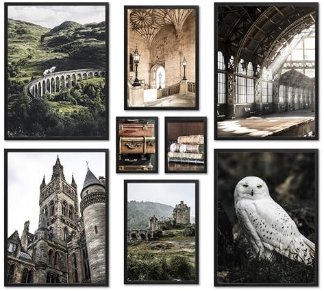 ARTFAVES® Poster Set - POTTERHEAD - mehrteilige Wanddeko Wohnzimmer & Schlafzimmer - 8 moderne Wandbilder Schottland, England, mystisch, Zug, Schneeeule - mit Rahmen Schwarz