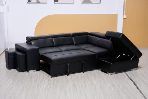 Black Bonded Leather Corner Sofa Bed - Multi-functional L Shape Suite-Left & Right Suite With Storage And Stools & Ottoman (RIGHT HAND SIDE)