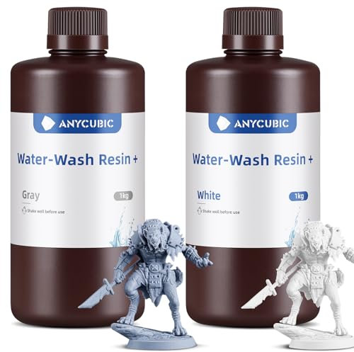 ANYCUBIC Water Washable Resin 2.0, 3D Drucker Resin Wasser Abwaschbar, UV Resin 405nm Standard Photopolymer Harz Geringer Geruch für 4/6/8K Geeignet LCD 3D Printer (Grau+Weiß,1000g,2pcs)