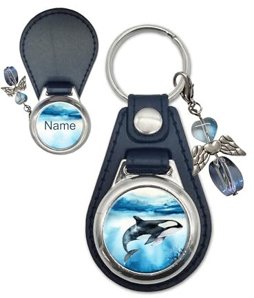 Orca Personalisierter Schlüsselanhänger aus Kunstleder mit Schutzengel | Wunschtext wie Name mit Schriftartwahl | Einschulungsgeschenk | Glücksbringer | Anhänger (Orca)