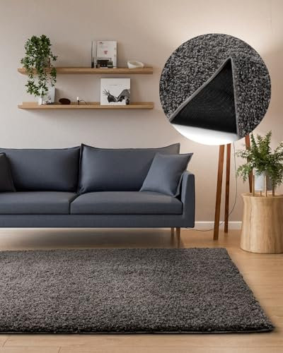 Interiyou Hochflor Teppich Sofia - 360x460 cm Grau - flauschig und einfarbig - waschbar und rutschfest - weicher Langflor