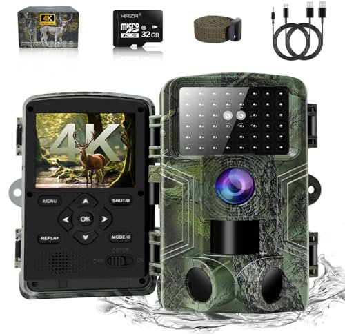 HAZA Camera de Chasse 4K HD Vision Nocturne caméra Animaux avec Carte SD 32G avec détecteur Mouvement caméra de Chasse Exterieur imperméable piege Photo sans éclat piege Photographique Chasse
