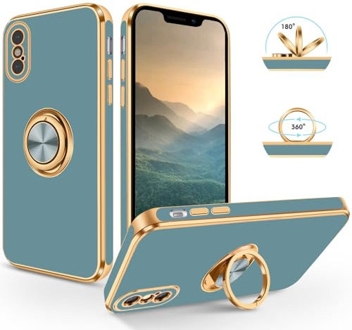 SouliGo Hülle kompatibel mit iPhone XS iPhone X Handyhülle Slim weiche TPU Case mit 360 Grad Ring Halter Ständer stabil Kratzfest Hülle für iPhone X/XS 5.8 Zoll Blau Grau