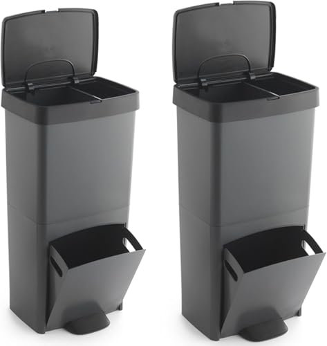 PACK de 2 Cubos de basura o reciclaje 70L, VERTICAL, en 2 Compartimentos, Papelera para residuos, 76 cm de altura, fácil gestión