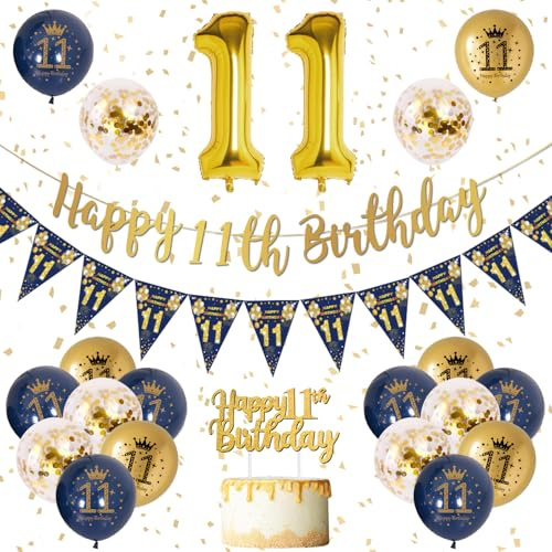Blue Gold 11th Birthday Banner & Balloons, Navy Blue Gold Latex Balloons, Confetti for Boys' 11th Birthday Party