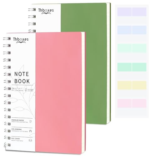 Thboxes 2 Pack A5 Lined Spiral Notebooks, 100 Sheets Each, Pink & Green | 100GSM Paper, PVC Cover, Back Pocket, Label Stickers Included, Smooth Ivory Paper, For School, Office And Meeting Notes