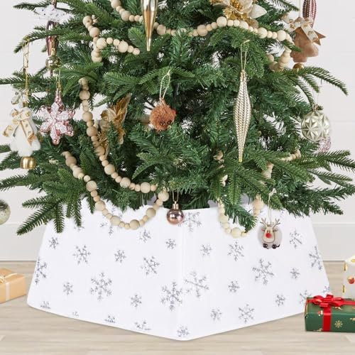 Jupe de Sapin de Noël, Panier de Sapin de Noël, Blanc Flocon de Neige Housse pour Sapin de Noël Cache Pied de Sapin Noël Pliable pour Décoration Sapin Noel (Blanc)