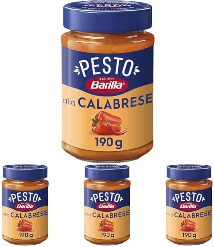Barilla Pesto alla Calabrese, Sugo Pronto con Peperoni Rossi, Peperoncino, Pecorino Romano DOP, Grana Padano DOP, 190 g (Confezione da 4)