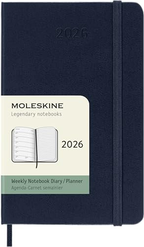 Moleskine Wochenplaner, Wochenagenda 2026 12 Monate mit Platz für Notizen, mit festem Einband und Gummibandverschluss, Pocket-Format 9x14, Farbe Blau