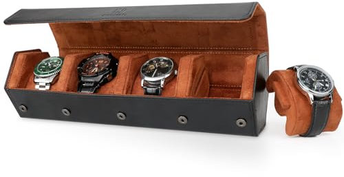 HELMDY Uhrenrolle 4 Uhren, Uhrenbox 4 Uhren für Herren, Uhrenaufbewahrung 4 Uhr, Tragbare Reise Uhrenbox PU Leder Watch Box(Schwarz/Braun)