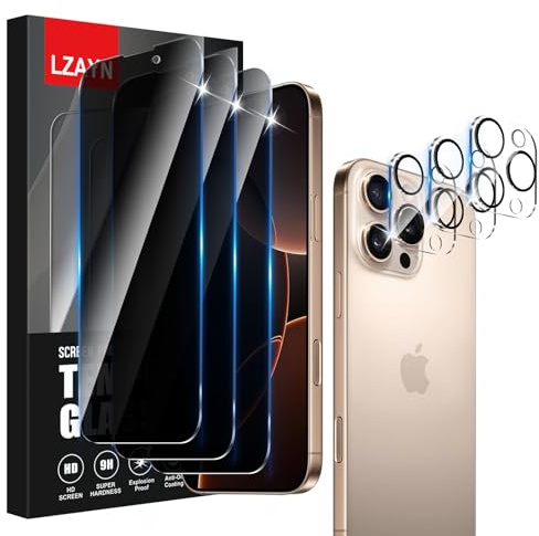 LZAYN 3+3 Pack Privacy Screen Protector for iPhone 16 Pro Max | with Camera Lens Protector,Anti-Spy Tempered Glass Film,9H Hardness,Anti-Scratch,Bubble Free,Easy Installation