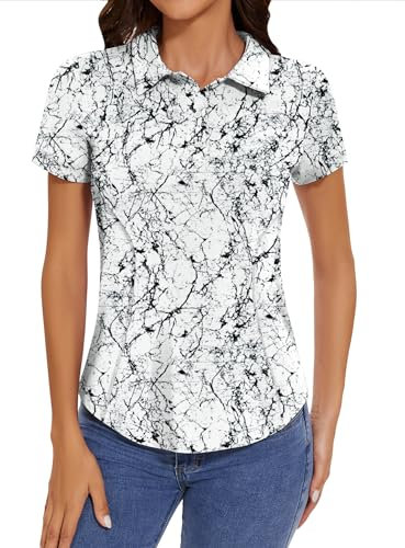 IECCP Womens Short Sleeve Golf Polo Shirts Collared Quick Dry Lightweight Moisture Wicking T-Shirt Summer Work Casual Tennis Tops 3 Buttons 2025 (White Floral,XL)