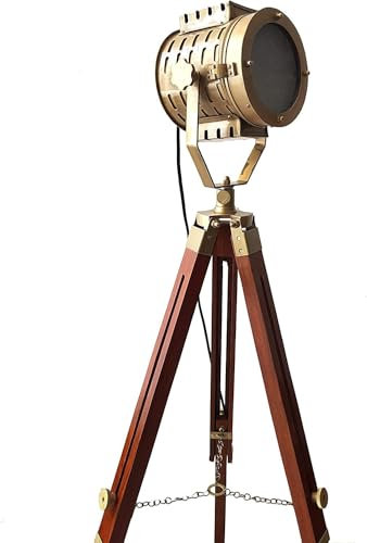 Lampadaire Deacorative Finition Laiton Fait à la Main Design Antique Studio Spot en Bois Réglable Trépied Projecteur Théâtre