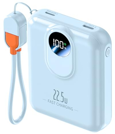 Power Bank 10000mAh, Fast Charging Portable Charger with Built-in Cables, 22.5W 4 Outputs LED Display, Small USB C Battery Pack for iPhone 16 15 14 iPad Tablets (Blue)