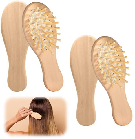 HUTRADE 2 Stück Mini Holz-Haarbürste für Frauen, Männer und Kinder aller Haartypen Klein Reise