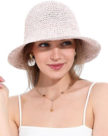 Chapeau de Soleil Femme en Paille Tressée Large Bord Reversible Plage Bob Pliable Été Voyage Protection UV UPF50+(Beige et Rose)