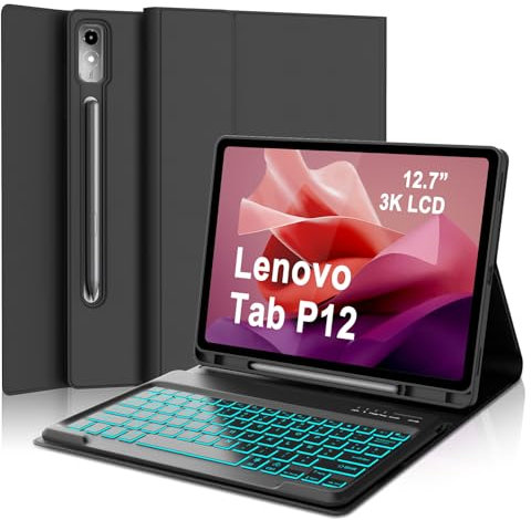 IVEOPPE Clavier pour Lenovo Tab P12 12.7 Pouces 2023, Rétroéclairage 7 Couleurs, Détachable AZERTY Français Clavier Étui pour Lenovo Tab P12 12.7 (TB370FU), Noir