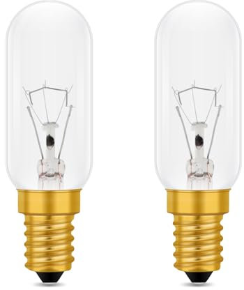 Caldarax 2 Pack E14 40 Watt Cooker Hood Light Bulbs, Dimmable, E14 Small Edison Screw Incandescent Bulb, Warm White 2700K, 350lm, T22 Tubular Bulb for Extractor Fan, Sewing Machine, Refrigerator