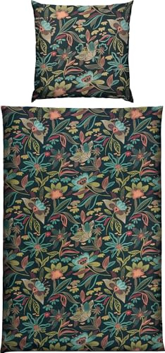 REDBEST Satin Bettwäsche Blumen Oliv Größe 80x80 cm / 135x200 cm - temperaturausgleichend, pflegeleicht, mit Reißverschluss