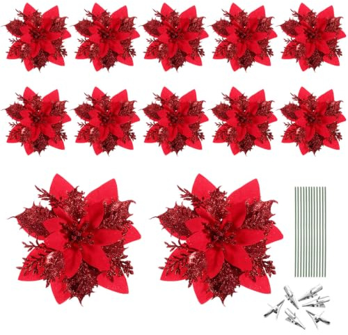 Operitacx Künstliche Weihnachtsblumen, Weihnachtssterne, Künstliche Weihnachtssterne, Weihnachtsdekorationen mit Clips, Kunstblumen-Picks für Weihnachtsbaumdekoration, Weihnachtskranz Und (Rot)