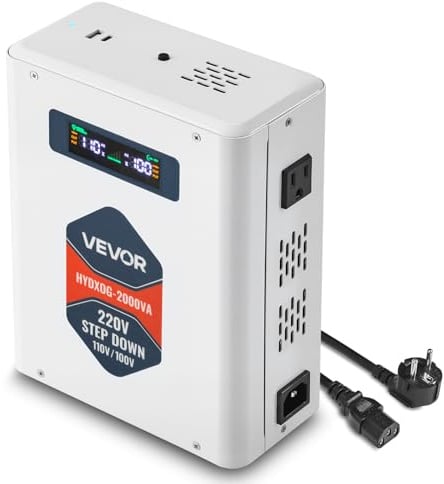 VEVOR Transformateur 220 V à 110 V, Transformateur de Tension Abaisseur 2000 VA, avec 2 Prises Américaines, Sortie USB, Écran LCD, Protection Contre Surcharges Surintensités, pour Appareils 110 V