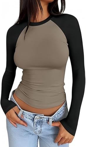Sukiglam Langarmshirt Damen Basic Rundhals Zweifarbig Patchwork Langarm T-Shirts Eng Lässig Sport Oberteil Cooles Raglan Shirt Slim Fit Unterziehshirt Y2K Longsleeve Top Herbst Freizeit Pullover