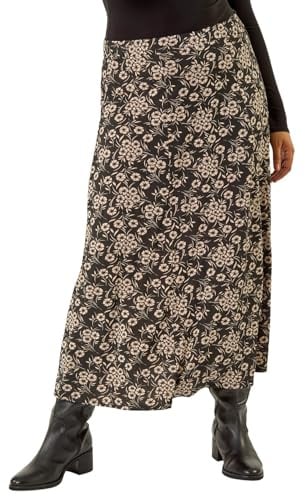 Roman Jersey Skirt for Women UK - Ladies Midi Maxi Floral Animal Print Summer Spring Holiday Swing Smart Casual Work Cocktail Party Going Out Holiday Cruise - Noir Plus - Size 30
