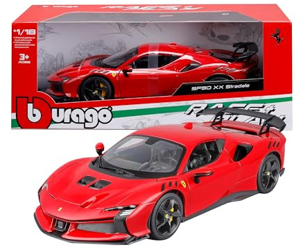 Bburago - Ferrari SF90XX Stradale 2024, 1:18 Scale Model Car, Extreme Red Supercar with Opening Doors, Bonnet and Boot, Detailed Replica, Ferrari Licence, Age 36+ Months