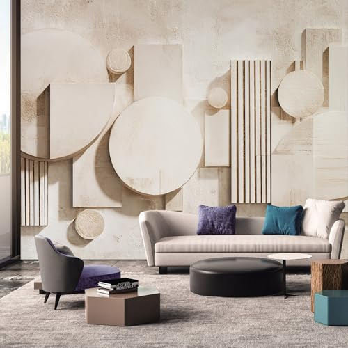 Generisch Papier Peint Géométrique Chambre Salon Cuisine Intissé, Papier Peint Panoramique Relief 3D Beige, Deco Murale Géométrique, 350 x 256 cm