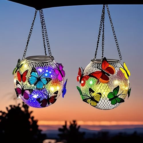2 Stück Solarlampen für Außen, Hängende Solarleuchte, Solar Schmetterlinge für Außen IP65 Wasserdicht Garten Deko Draußen, Schmetterling Deko Garden Dekoration Garten, Terrasse, Party, Rasen, Hochzeit