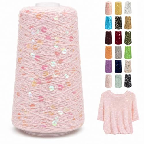 Pailletten Beilaufgarn Glitzergarn 250g 1010m, 100% Baumwolle Strickgarn & Häkelgarn, Handstrickgarn mit 3mm + 6mm Pailletten für Schals Mützen Taschen DIY Mode & Accessoires
