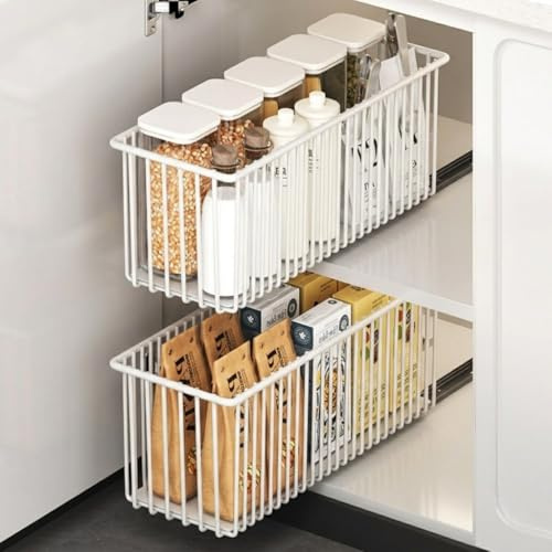 KEXIBO 2er Set Ausziehbare Schublade Küche Schmal 15,3cm, Teleskopschublade Ohne Bohren, Nischenregal Schrankauszug, Küchen Schrank Organizer rahmenlos, Weiß, 41cm Tiefe