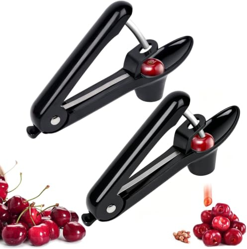 Lot de 2 dénoyauteurs de cerises en acier inoxydable avec poussoir à main, gadget de cuisine multi-usage pour cerise, jujube, olive, etc