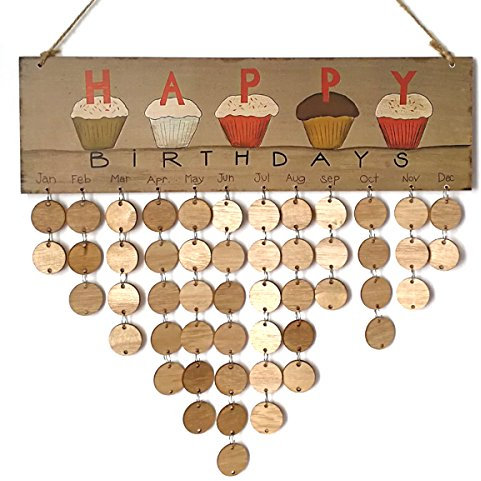 Rosenice Calendrier d'anniversaire en bois, tableau mémo pour la famille et les amis, cadeaux, décoration festive pour la maison, bricolage, 1 planche, 1 ficelle de suspension, 50 plaquettes rondes en