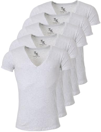 Young & Rich Herren Uni T-Shirt mit extra tiefem V-Ausschnitt Slimfit Stretch Dehnbare Passform einfarbiges Basic Shirt - 5er Pack, Grösse:XXL, Farbe:Hellgrau