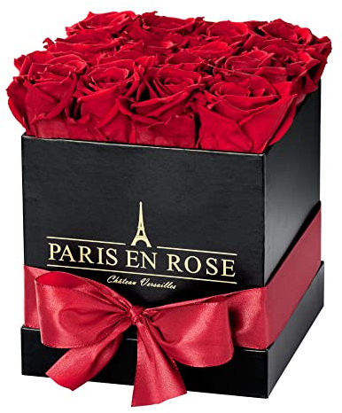 PARIS EN ROSE Rosenbox ECKIG | mit 12 bordeaux-roten Infinity Rosen Größe XL | eckige, schwarze Box mit Schleife | ewige Rose | 3 Jahre haltbar | Grußkarte