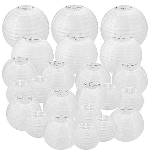 STARVAST 30 Pcs Lanternes en Papier Blanc - Lampion Papier Boule pour Mariages, Anniversaires, Fêtes et Événements - Assortiment de Tailles Rondes (4, 6, 8, 10, 12)