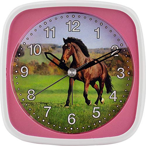 Kinderquarzwecker – Farbenfrohe Motive – Schleichende Sekunde ermöglicht den Kleinsten einen ungestörten Schlaf – Inkl. LICHT und WECKWIEDERHOLUNG (Pink/Pferd)