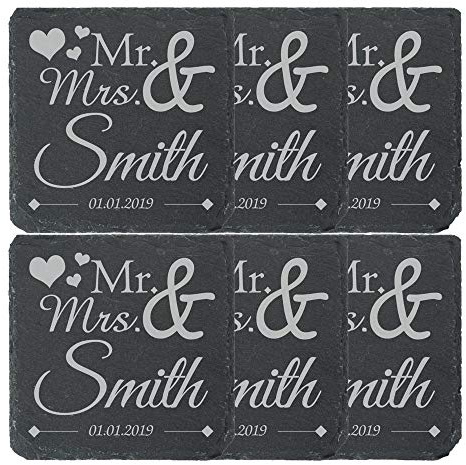 Personalised Engraved Square Slate Wedding Coaster Mr&Mrs with Hearts Set of 6