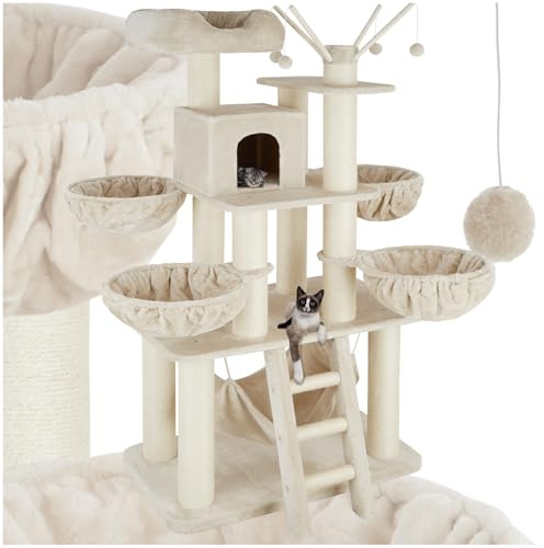 tectake® Albero Tiragraffi per Gatti, Albero Tiragraffi in Morbido Peluche, Colonne in Sisal Resistente, Diversi Piani, Comoda Scaletta e Casetta Relax - Beige/Bianco