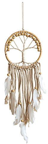 Saraswati Handgerfertigter Traumfänger Dreamcatcher Tree of Life Rattan/Baumwolle Natur 16cm mit Holzperlen, 16x50cm
